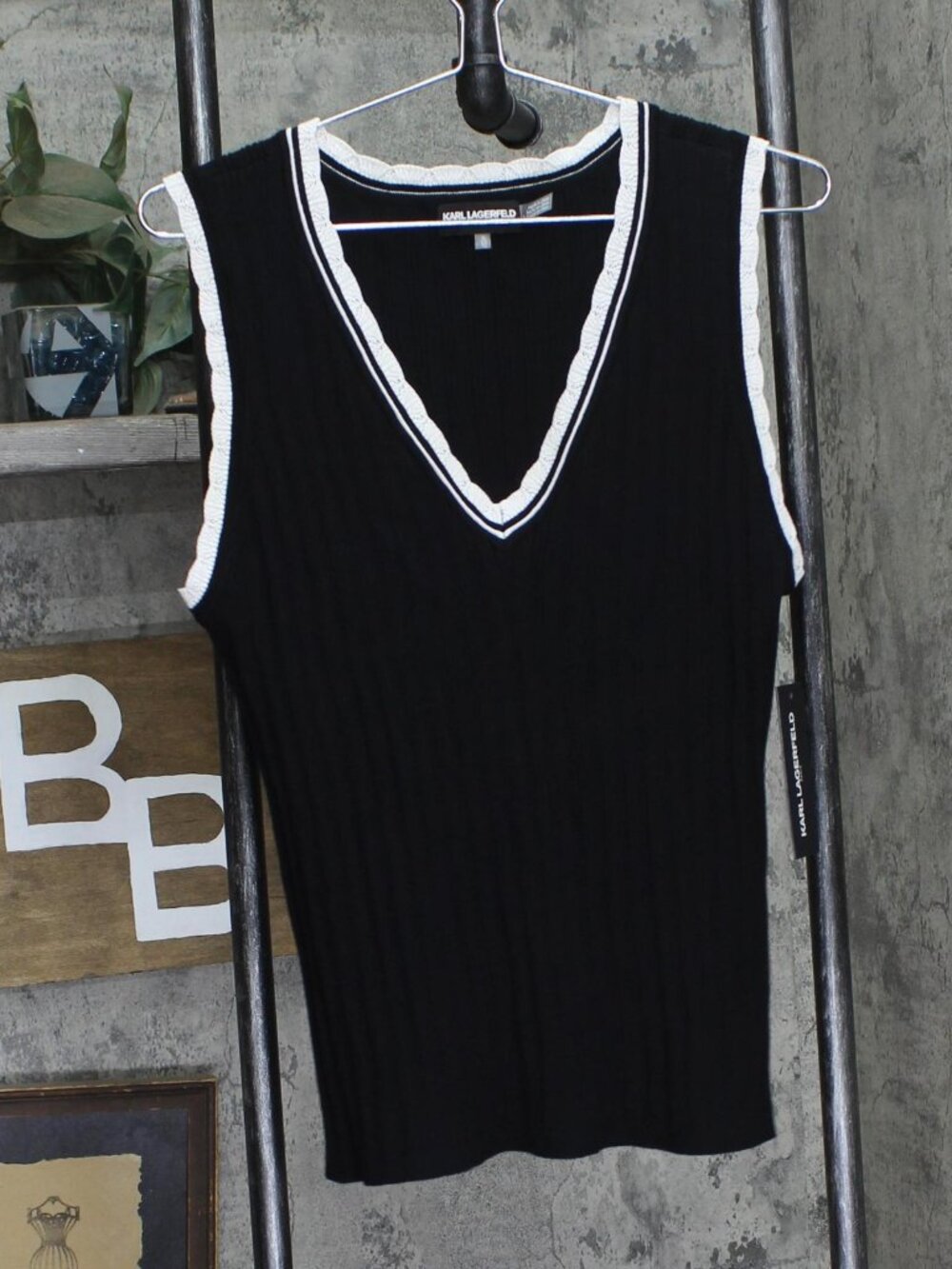 Karl Lagerfeld Black Karl Lagerfeld Paris Lace Trim Sweater Tank Top Sz XL